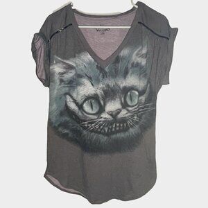 DISNEY Cheshire Cat sz Large Hi Low Tshirt Top Rolled Short Sleeve Metallic Trim